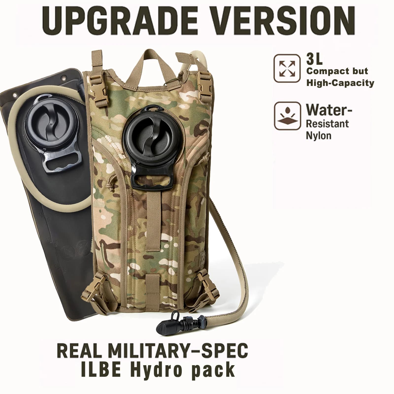 Porta idratazione USMC ILBE – mimetico multi-terreno, include vescica da 3 litri, pacco idrico militare MOLLE
