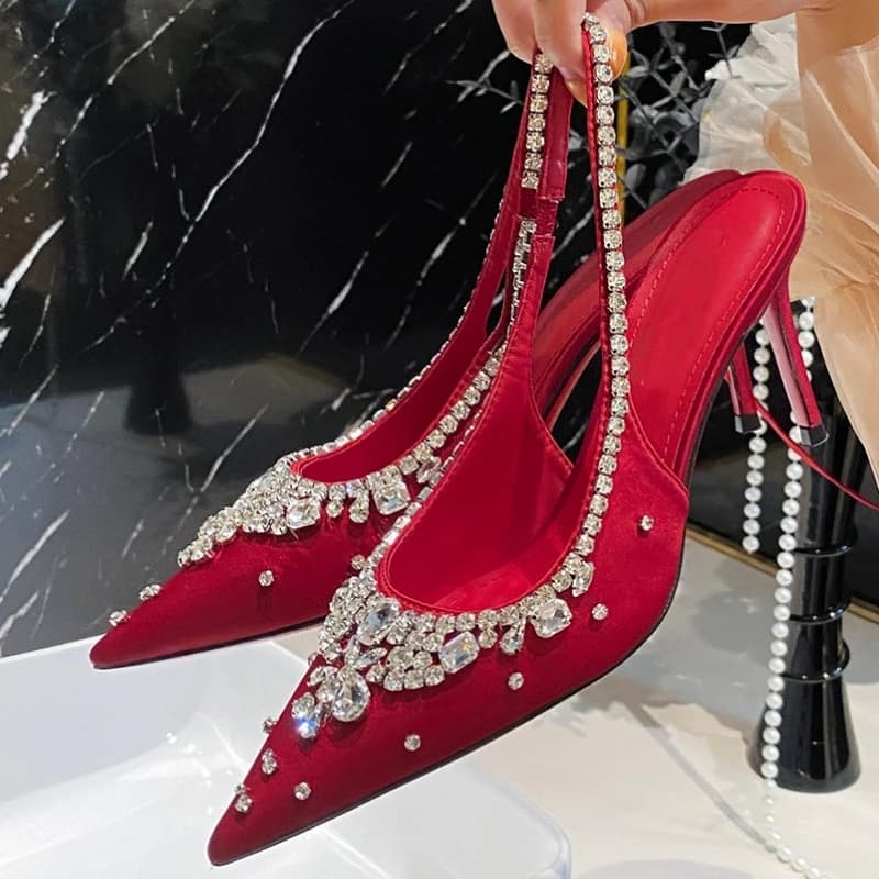 New Style Slingback Pumps: Pointed-Toe, Closed-Toe, Rhinestone-Embellished Ideal for Banquets and Weddings