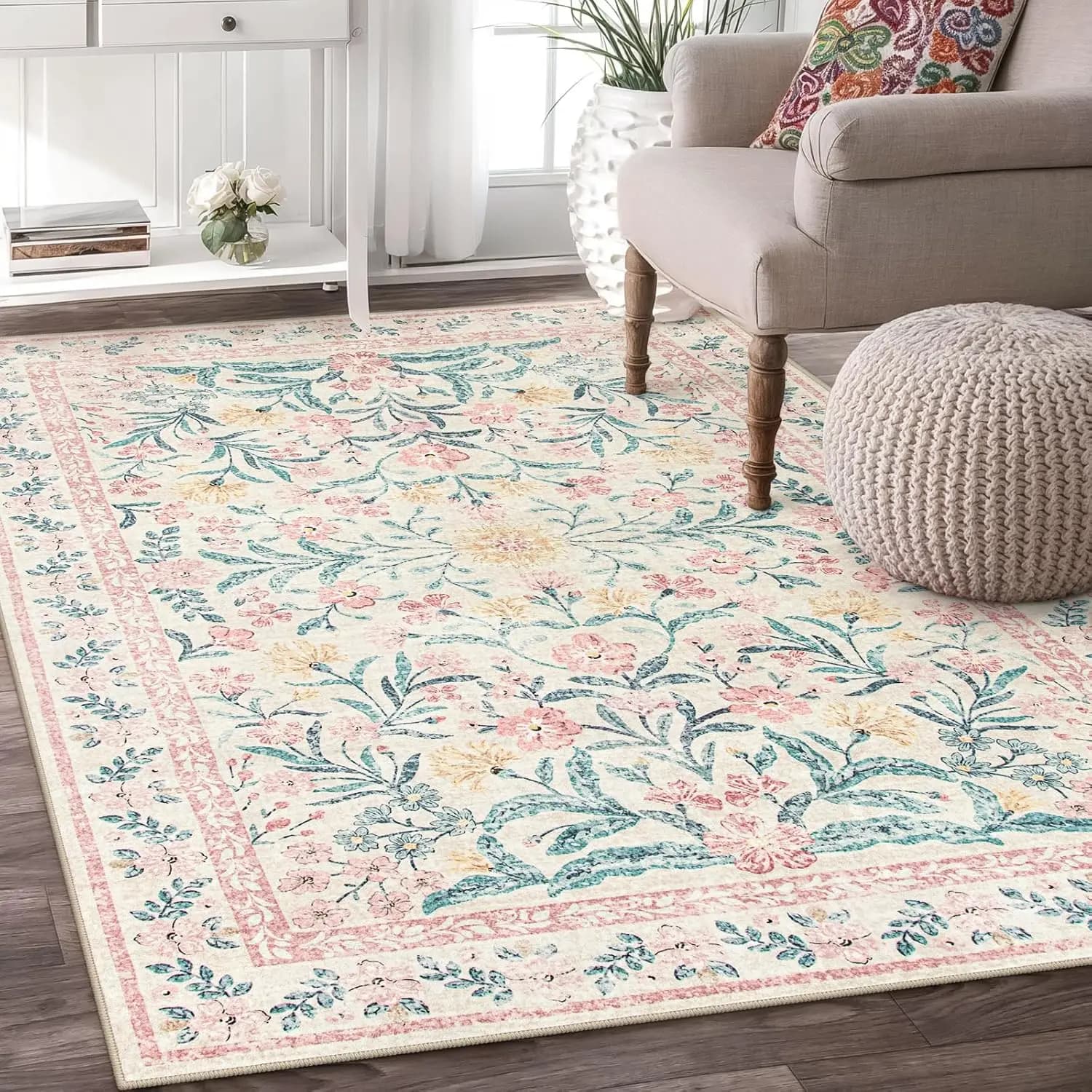 Pink Floral Washable Mat, 5x7 Soft Anti-slip Carpet for Bedroom, Bedroom, Living Room, Children's Room