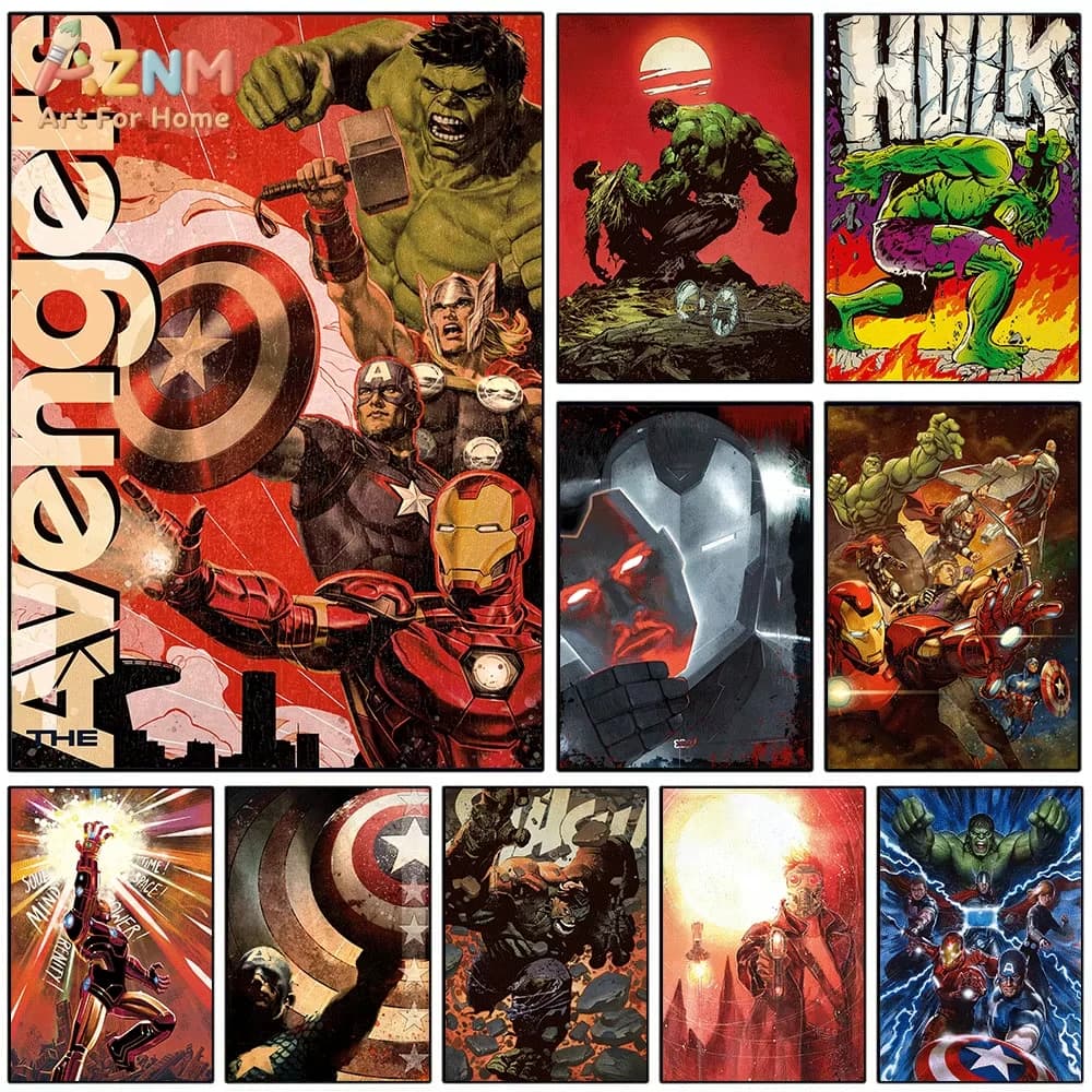 AZNM Watercolor Marvel Superhero Canvas Wall Art Frameless Print Deadpool Hulk Iron Man Spider‑Man Captain America Character P