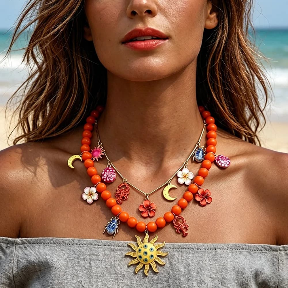 New Bohemian Orange Beaded Sun Flower Moon Lobster Pendant Necklaces for Women Summer Beach Party Jewelry Accessories