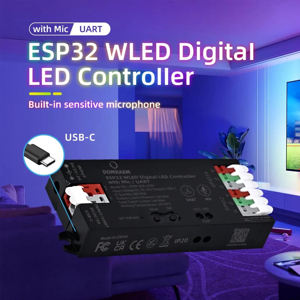 ESP32 WLED LED Controller Built in Microphone DIY Dynamic Mode UART Type-C Download App Control Alexa Voice Smart Control WS2812