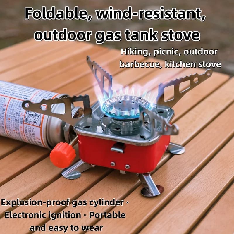 Portable camping stove, ultralight folding burner with transport bag, ideal for camping and outdoor kitchen.