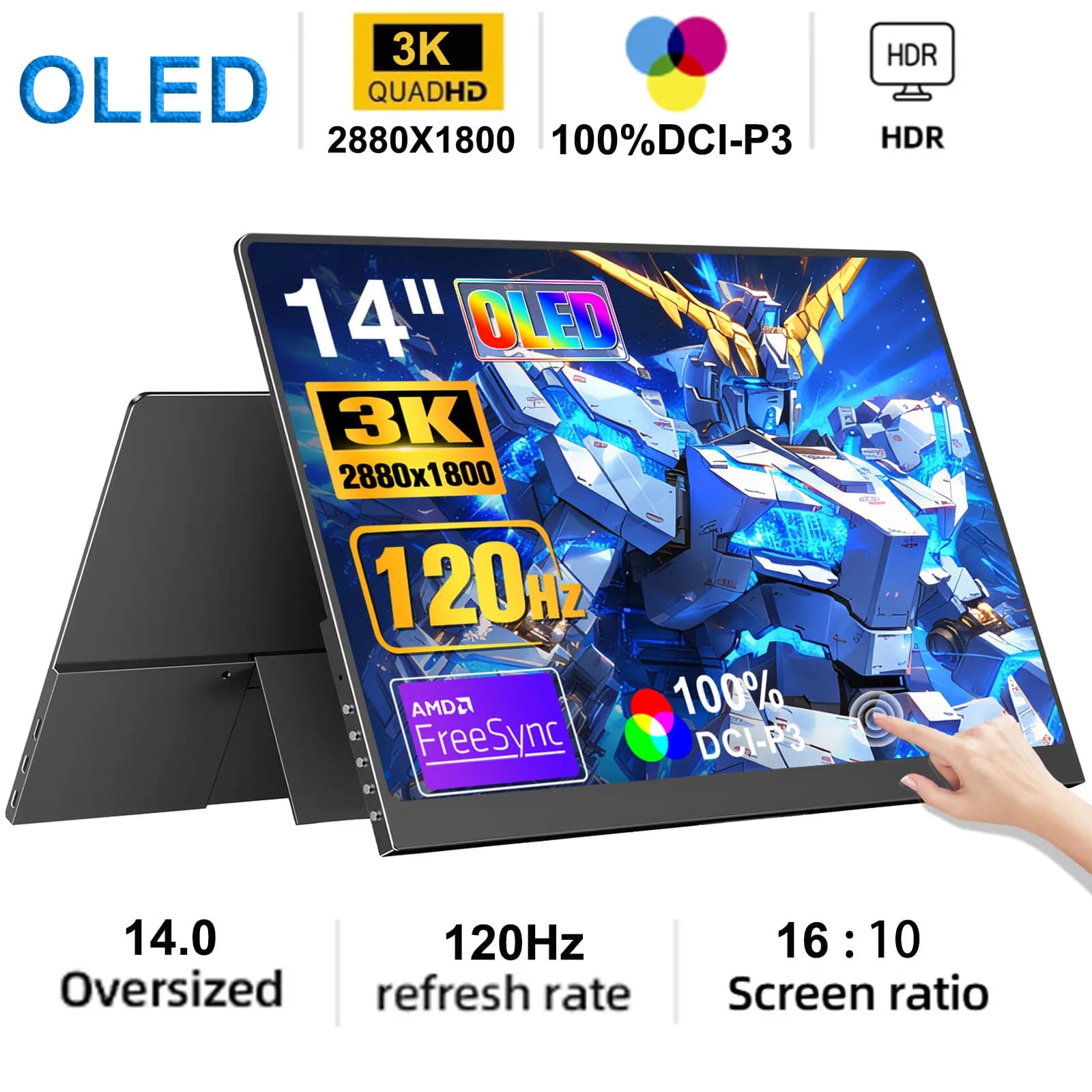14.0'' OLED Portable Monitor 3K 2880x1800p Second Display with Stand 100%DCI-P3 Office Travel Display Extender for Laptop Mac PC