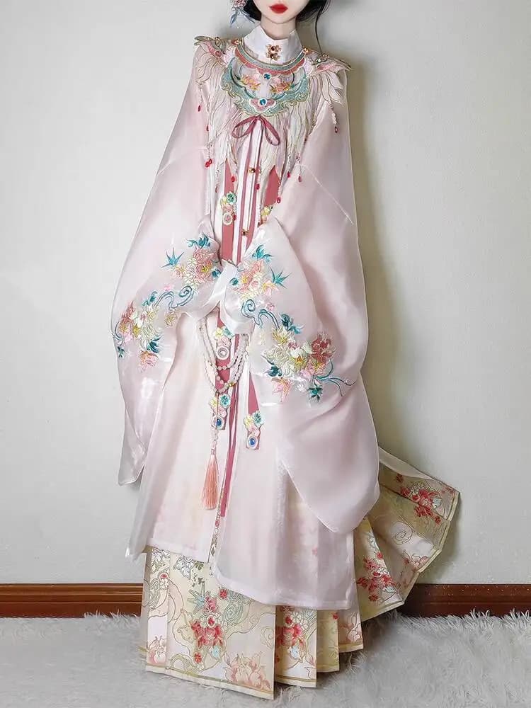 Spring and Summer The Dynasty Ming Hanfu Collection Standing Long Dress Rose Embroidery skirt with horse face Sweet girls