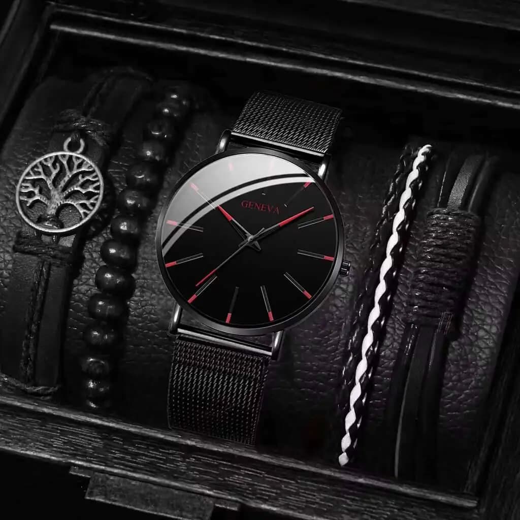 5PCS/Set Luxury Men Business Watches Fashion Black Mesh Band Quartz Watch Bracelets Set Reloj Hombre（Without Box）