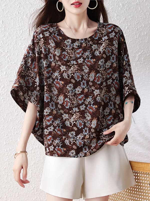 plus Size Women's Summer Batwing Shirt Casual Fashion Versatile Meat Concealing Slimming Print Blouse round Neck Short Sleeve
