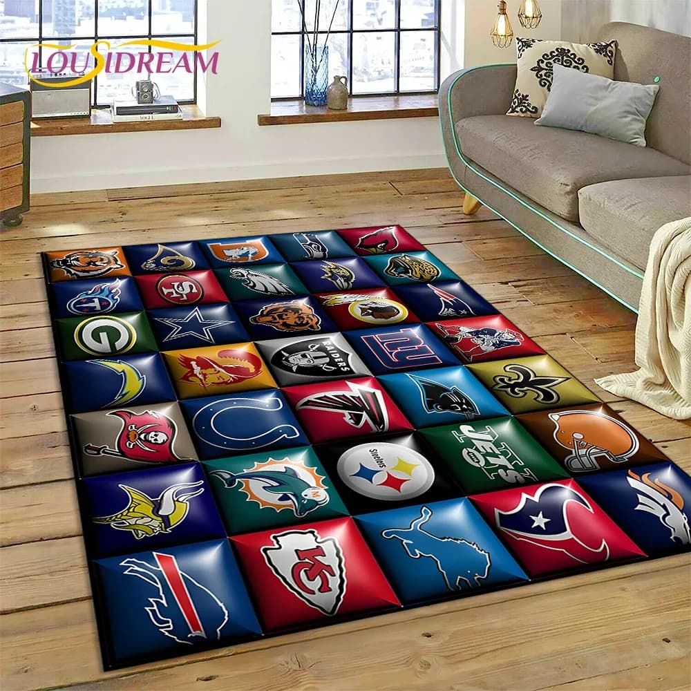 Tappeto con logo della squadra di football americano, tappeto per soggiorno, camera da letto, divano, decorazione, tappetino antiscivolo per bambini