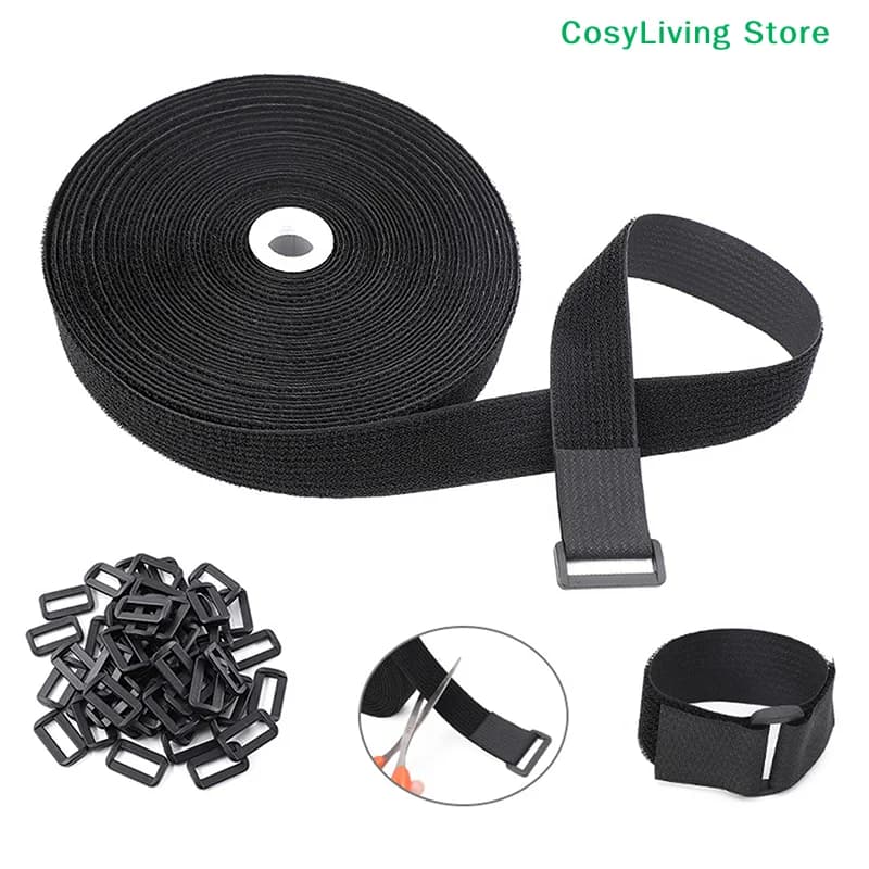 [CL]5M Reusable Nylon Hook Loop Fastening Cable Tape Cut-to-Length Self-Adhesive Securing Strap With Buckle Organizer Storage