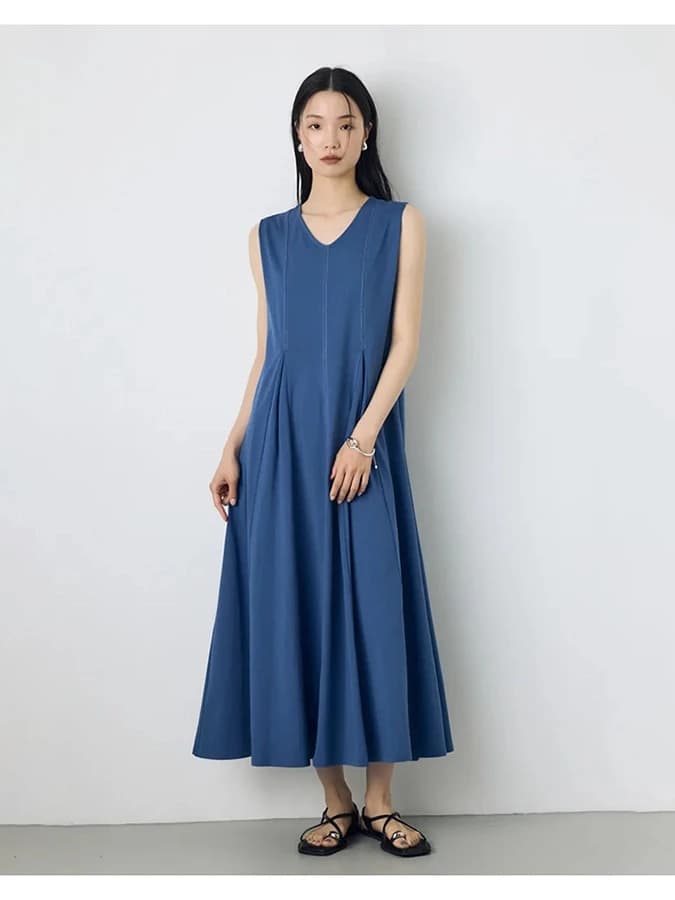 OLV Collar Sleeveless Vest Dress Waist Cinched Long Dress Commute Suitable Fashionable French Style Polyester Fiber Dress