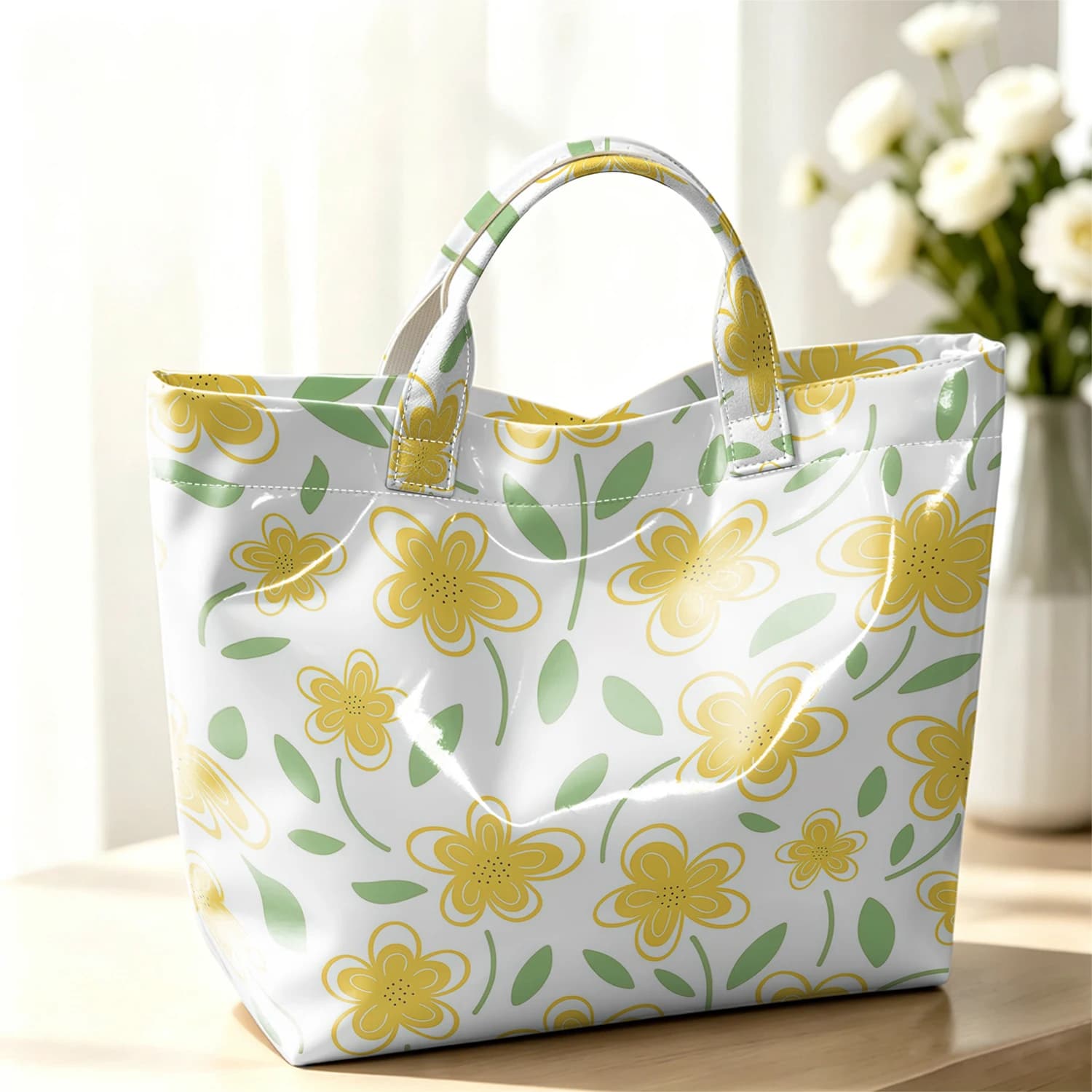 Yellow Bloom Stylish Large Glossy PVC Tote Bag Washable Waterproof Durable Ideal for Travel Commute Cosmetics Books Handbags