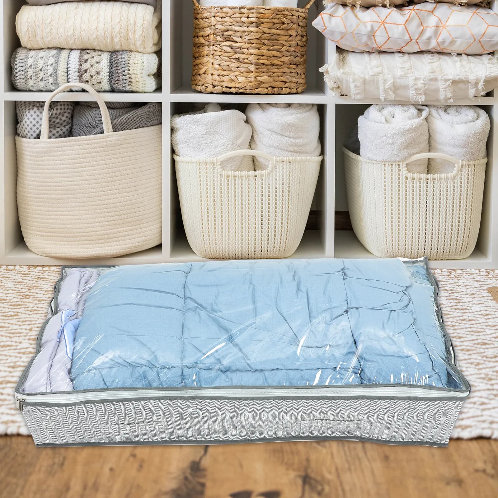 Contenitore Grande per Vestiti in Tessuto Non Tessuto Pieghevole con Coperchio Trasparente e Cerniera per Lenzuola e Organizzazione Camera da Letto
