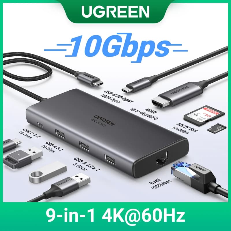 UGREEN HUB USB 9 in 1 da tipo C a 4K60Hz HDMI 10Gbps USB C&A 1000Mbps RJ45 PD100W SD&TF per accessori per laptop MacBook Pro Dell HP