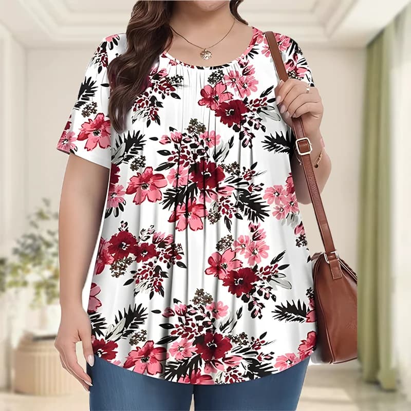 Best Selling plus Size Floral Print T-Shirt Women's Large Scale Bloom Graphic Tee Casual Comfortable Fit Top
