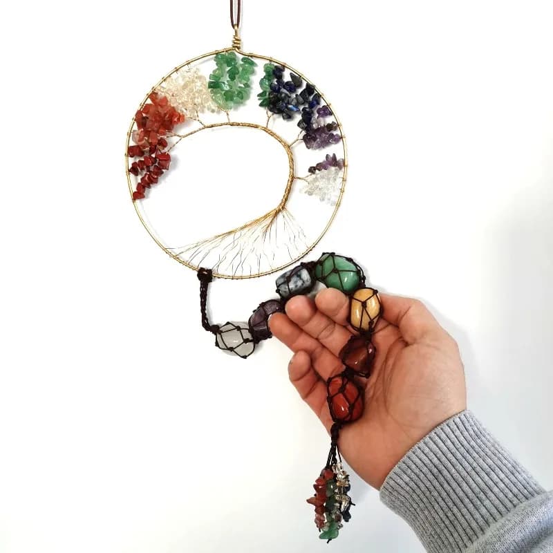 Tree of Life Dream Catcher with 7 Color Crystal Stones Handmade Woven Car & Bedroom Hanging Decor