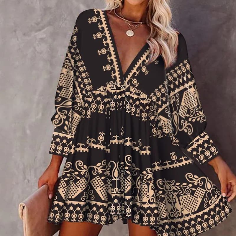 Abito Boho con scollo a V Autunno sexy allentato manica lunga a lanterna Swing Party Evening Mini abito a vita alta Abito da donna a trapezio abito nero