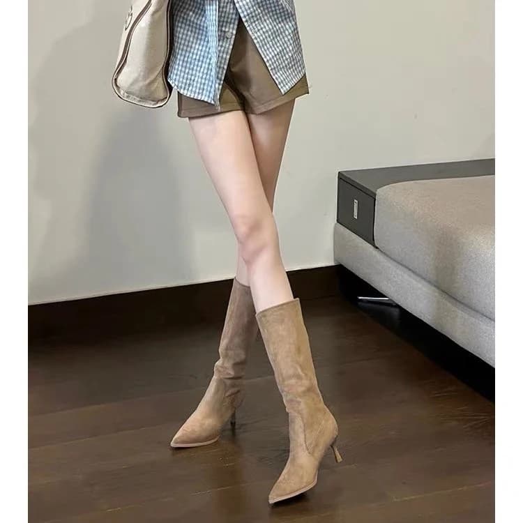 Melard Mid-calf Knight Boots, Spring and Summer Thin Style, Slim High-heeled Pointed Short Boots, Stackable Heels