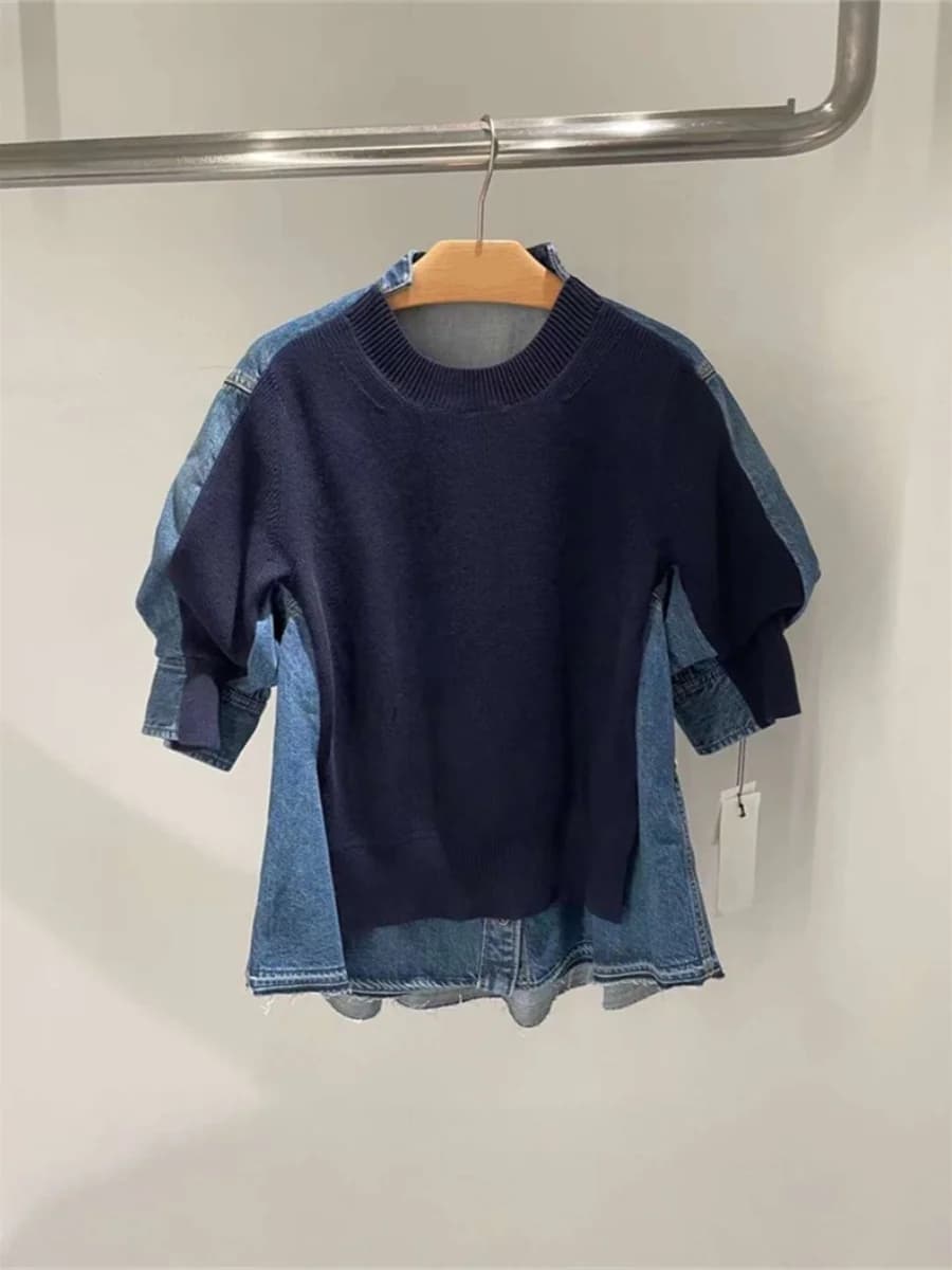 Maglione in maglia FOG SACAI a maniche corte con patchwork in denim, girocollo versatile, alla moda per primavera/estate, stile streetwear, top da donna