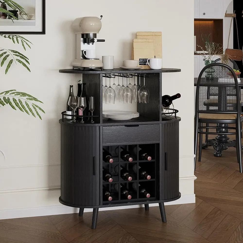 Wine and Whiskey Storage Cabinet with Glass Holder for Kitchen, Dining, Living Room in Black