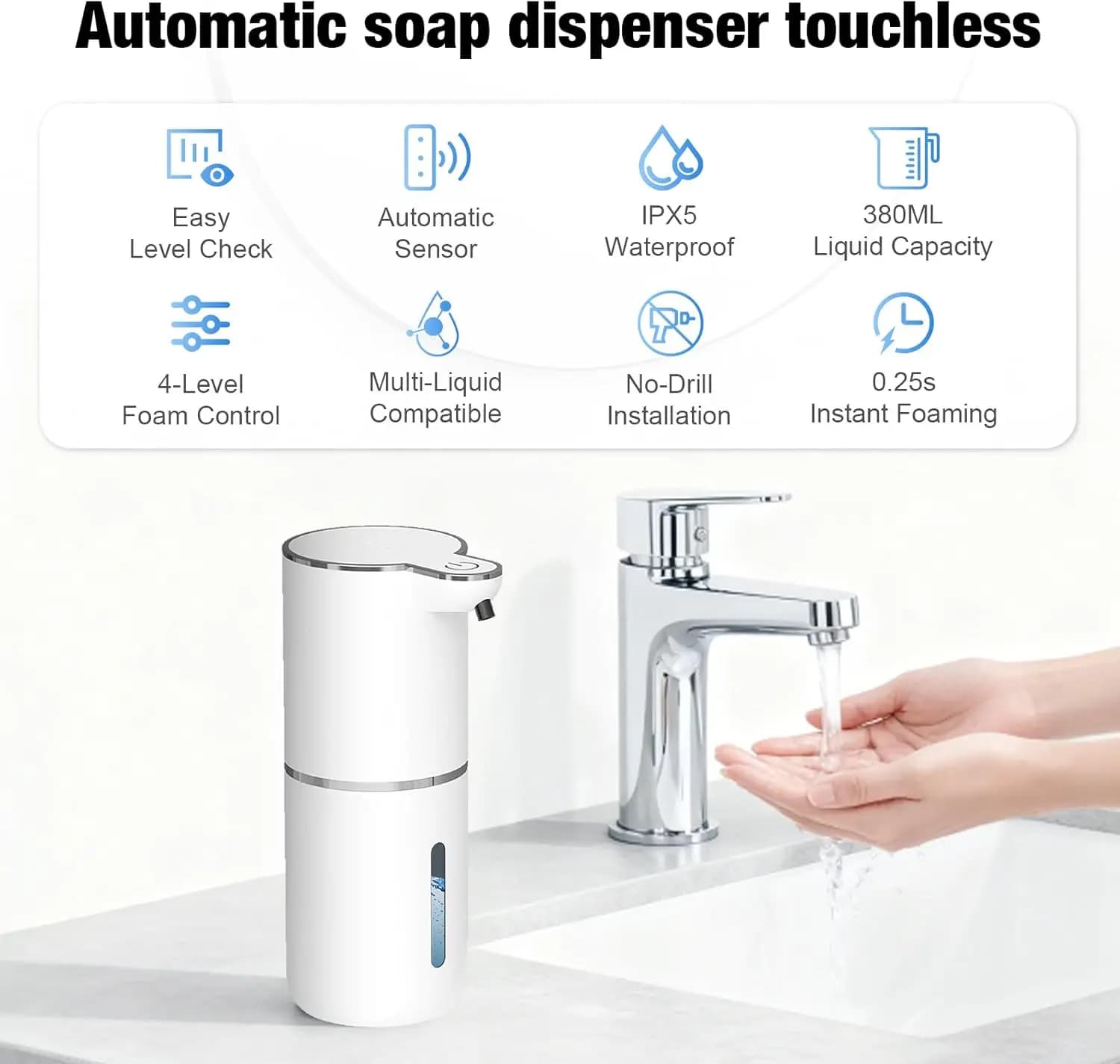 Dispenser di sapone automatico con sensore intelligente da 380 ml P18D, senza contatto, da appoggio o da parete, impermeabile IPX5, con 4 livelli di regolazione.