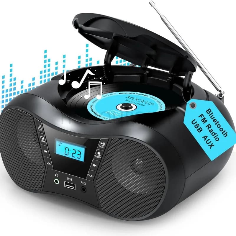 Lettore CD Portatile Boombox con Bluetooth, Radio FM, USB, AUX, Altoparlanti Stereo e Display LCD per Casa e Esterni