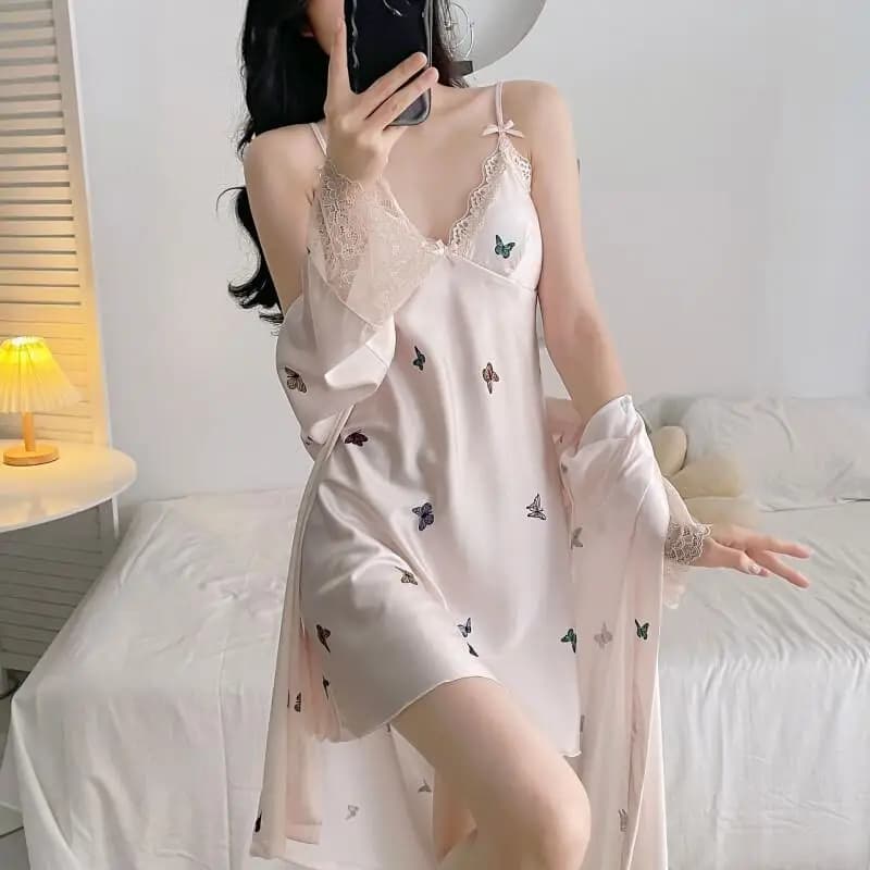 Women Winter Bathrobe Sleepwear 2Pcs Skirt&robe Nightgown Sexy Satin Print Nightwear Intimate Lingerie Home Wear Home Clothes