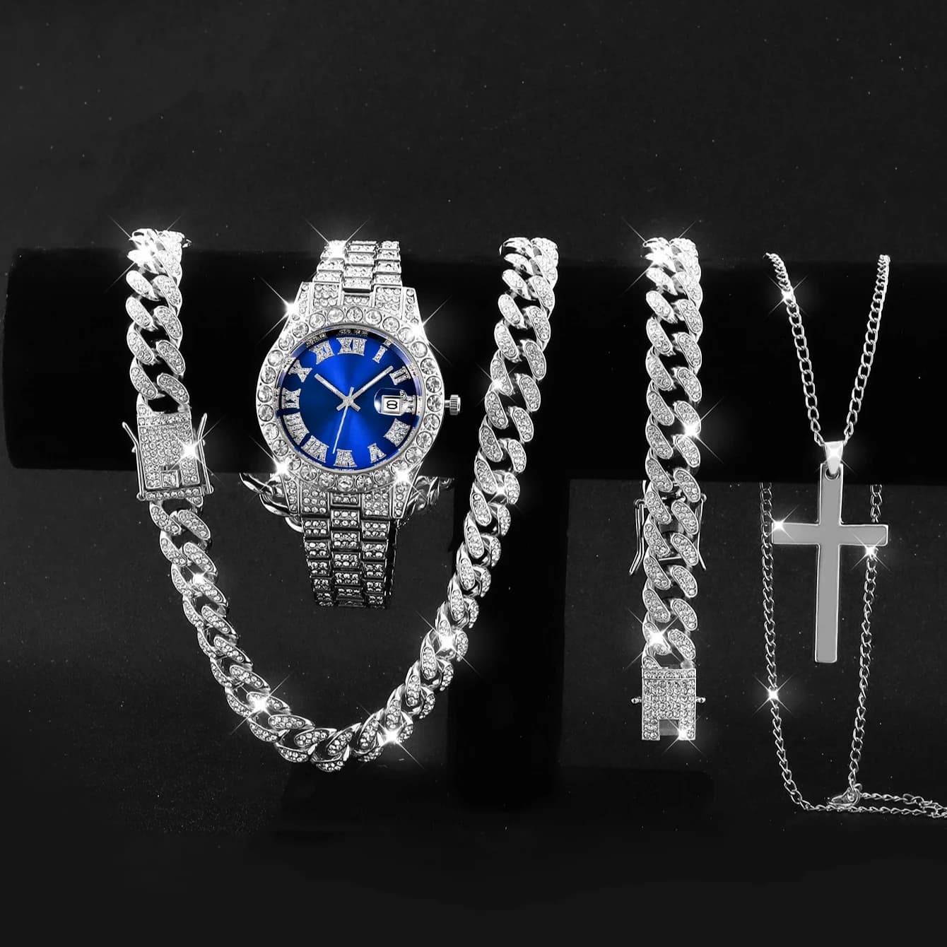 Set di 4 Orologi da Polso da Uomo di Lusso con Strass, Calendario, Movimento al Quarzo, Collane e Bracciali Hip Hop, Cinturino in Acciaio Inossidabile alla Moda