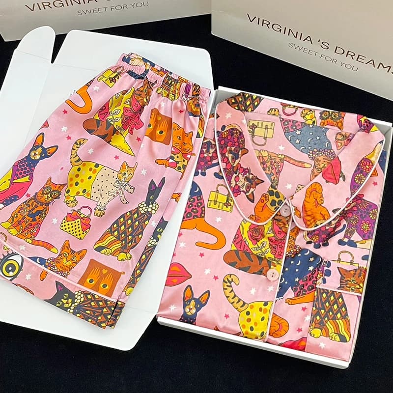 Pigiama da donna Cartoon Cute Cat Y2k Summer Cool Coreano Kawaii 2 pezzi Set per la casa 2024 Nuovi pantaloncini + Manica corta Donna Abbigliamento da notte