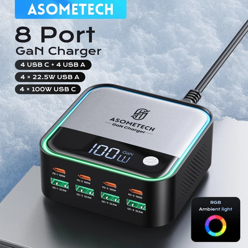 Caricabatterie rapido GaN USB C a 8 porte Display a LED 4 porte Tipo C PD 100W SCP 22,5W Stazione di ricarica per IPhone 15 Samsung Tablet MacBook