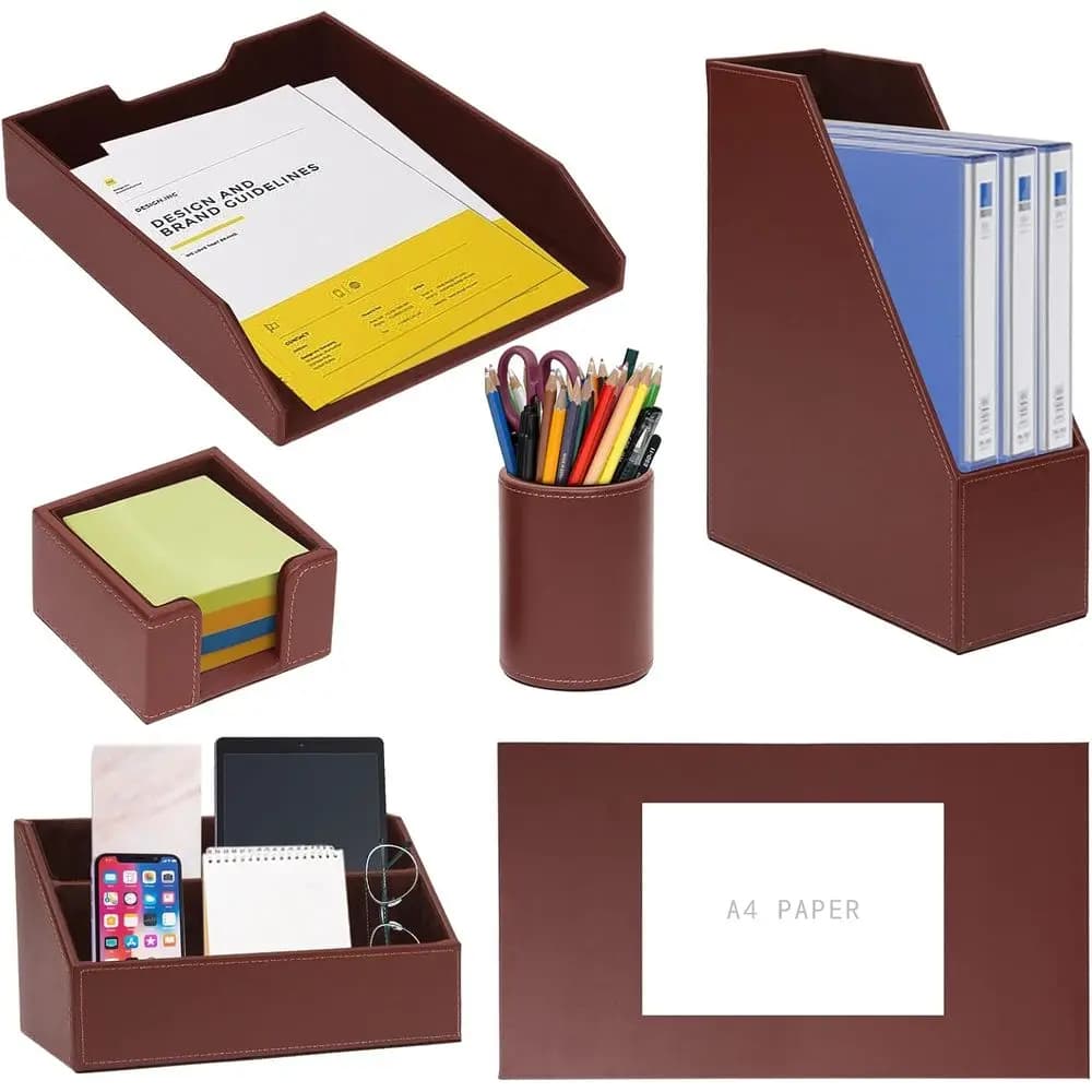 Set Organizzatore da Scrivania 6 Pezzi: Tavoletta in Pelle, Porta Carta, Portariviste, Portapenne, Porta Blocco Note Adesivo, Classificatore Lettere - Funzionale
