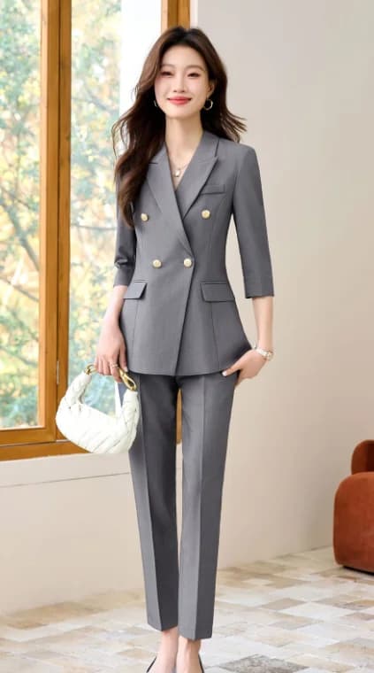 spring and summer white-collar business travel seven-sleeve temperament double-row button suit work clothes professional set for