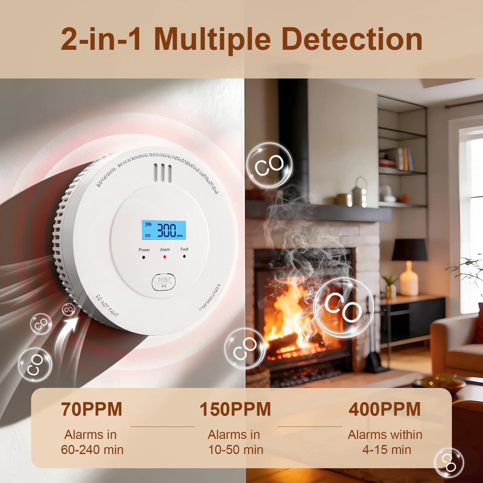PGST 2-in-1 Smoke & Carbon Monoxide Combined Detector 85dB LCD CO Alarm Smoke Alarm for Home Hotel Safety