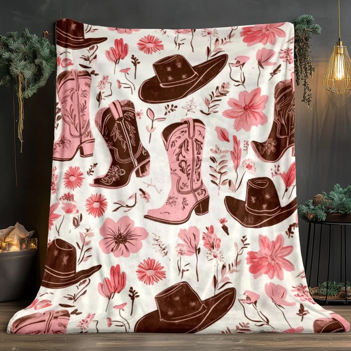 Coperta da tiro per stivali e cappelli da cowboy western da 1 pezzo - Copriletto leggero per tutte le stagioni in morbida flanella - Design da cowgirl rosa e marrone