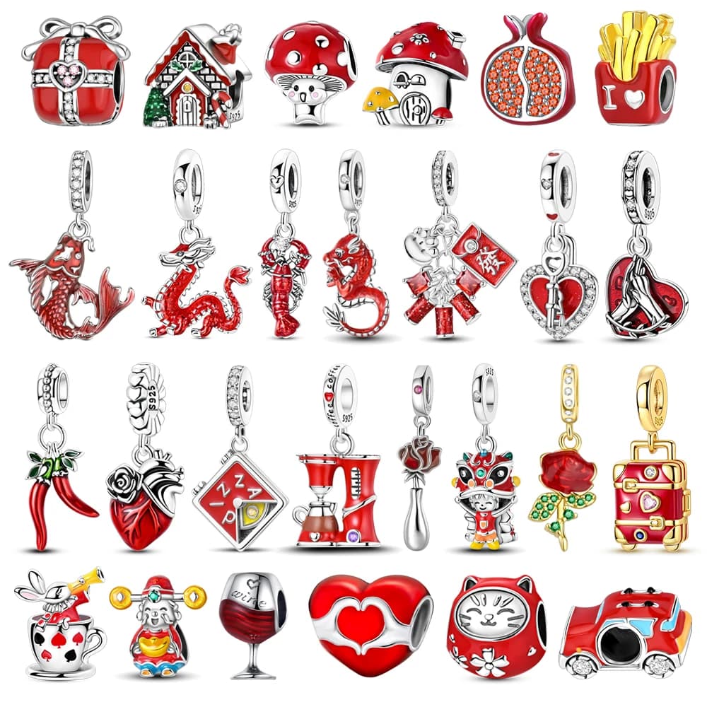 Red Series 925 Sterling Silver Koi Woody Dragon Heart Fungus Coffee Machine Charm Suitable Bracelet DIY Necklace Gifts niche
