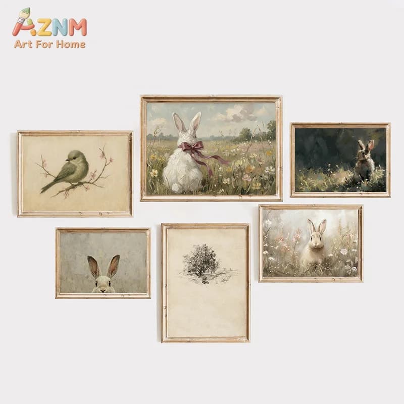 AZNM Vintage Oil Painting Rabbit Bird Wildflower Meadow Canvas Wall Art Antique Countryside Farmhouse Muted Tone Spring Living R