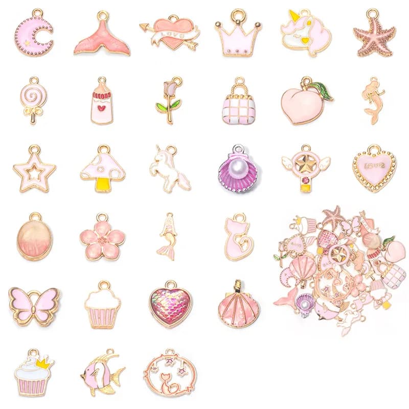 New Kawaii 29PCS Dripping Oil Alloy Pendant Pink Love Cat Fish Sea Star Magic Wand Charms for Jewelry DIY Handmade Accessories