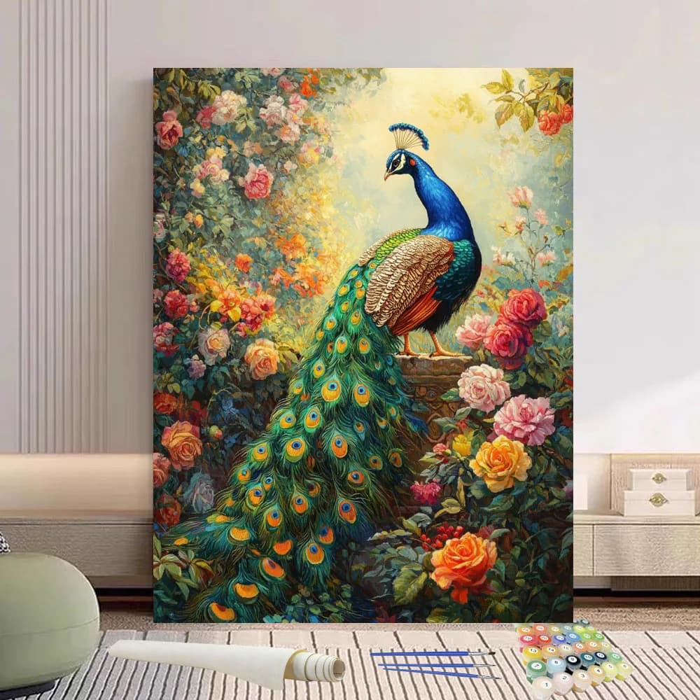 Painting By Numbers Peacock And Flowers DIY Hand Painted Oil Painting Canvas Colouring Unique Gift Home Decorate