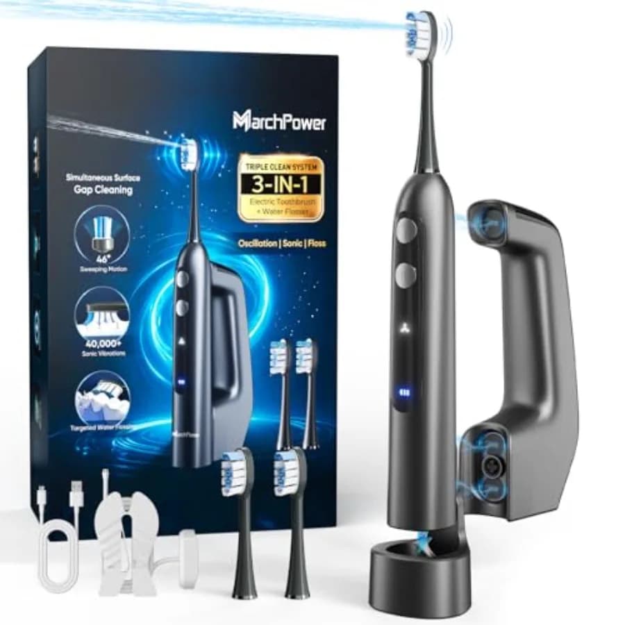 Spazzolino Elettrico Innovativo 3-in-1 con Idropulsore, Oscillazione, Filo Interdentale e Vibrazione, Design Muse Gold Winn