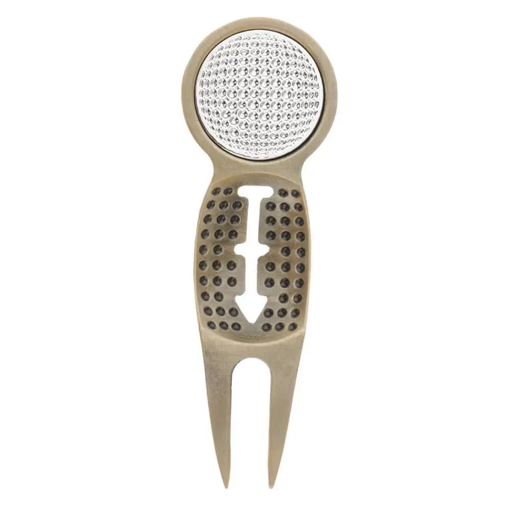 Zinc Alloy Golf Divot Repair Fork with Detachable Ball Marker Alignment Stencil for Putting Green