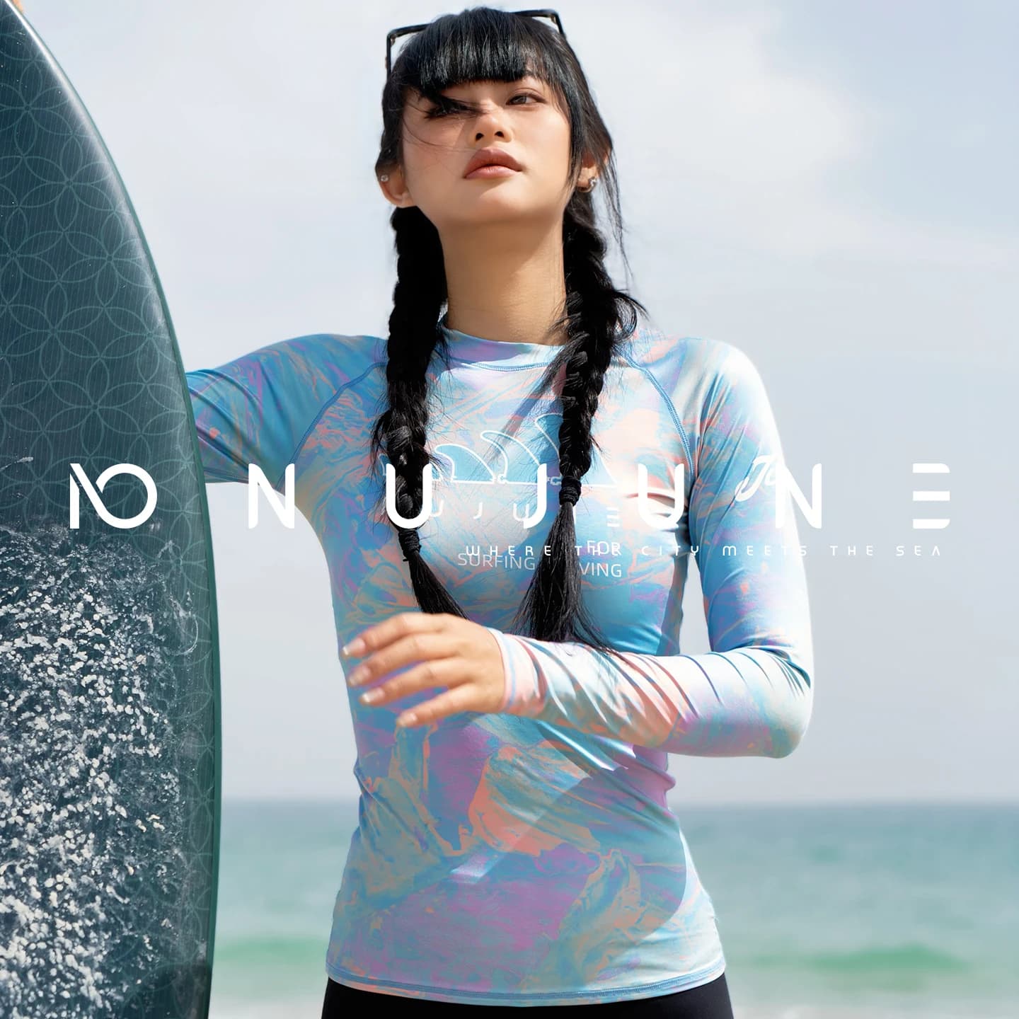 Nu-June Camicie da surf Manica lunga Donna UPF50 + Rash Guard Costumi da bagno Traspirante Slim Fit Costume da bagno ad asciugatura rapida Set di abbigliamento da spiaggia