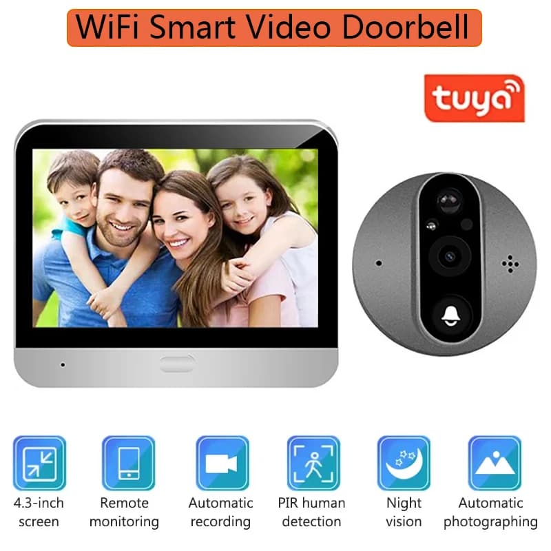 Campanello video intelligente Tuya WiFi da 4,3 pollici 1080P Citofono vocale bidirezionale Telecamera per porta Videocitofono per visione notturna di sicurezza domestica