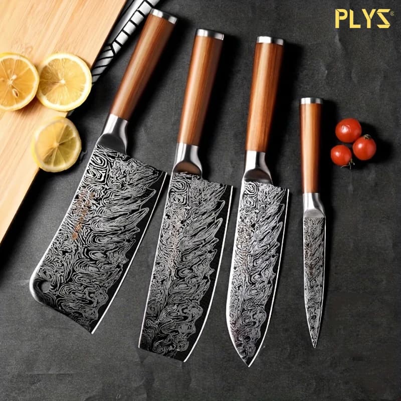 PLYS-Set of kitchen knives with damask pattern-special knife for vegetables, meat and bone for chefs