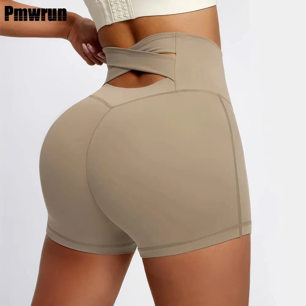 PMWRUN High Waist Yoga Shorts Women's Running Sport Shorts Gym Lifting Gym leggings for women's buttocks Slim fit Cycling Training Shorts