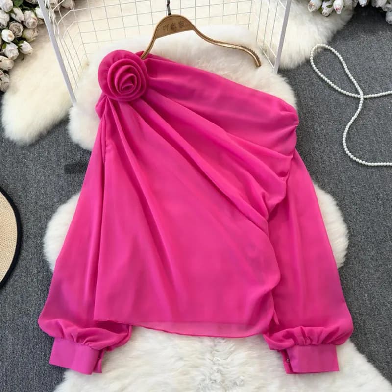 BKQU Camicetta Sexy da Donna con Spalle Scoperte in Chiffon, Elegante con Maniche a Lanterna e Fiori 3D, Moda Streetwear per Feste, Top in Rete 2026 Nuovo