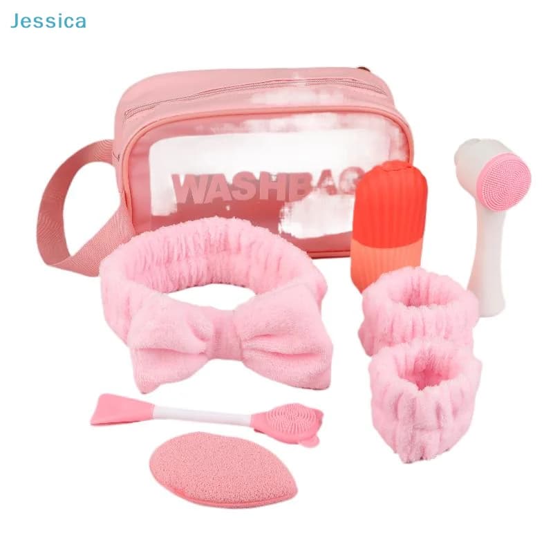 ♥ Pink leather care kit | Set bag for washing with hair band, elastic, facial brush and sponge