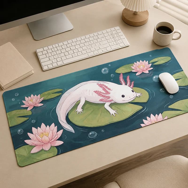 Mouse Pad White Axolotl Lily Pond Gaming printon demand HD Large Mousepad XXL Playmat Soft Non-Slip Gaming laptop Table Mat