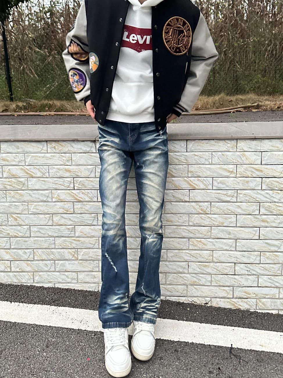Retro American Vintage Waed Hole Micro Flare Elastic Jeans Straight Leg Long Pants Youth Casual Cotton Polyester Blend
