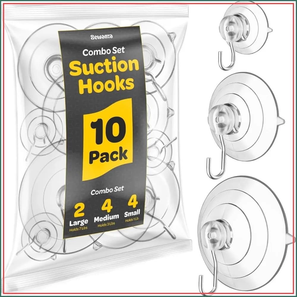 10-Pack Suction Cup Hooks with Metal Hooks for Glass, Tiles, Mirrors - 2 Large, 4 Medium, 4 Small