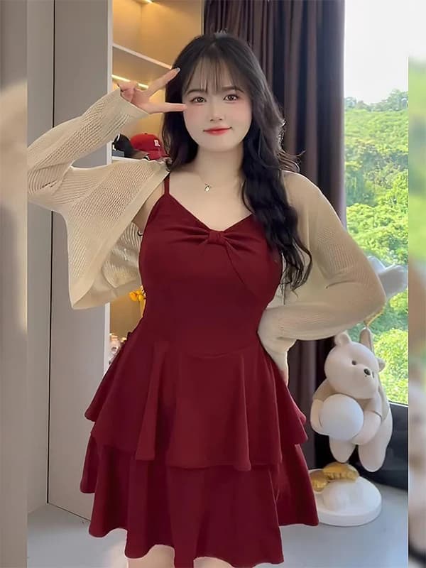 plus Size Sweet And Spicy Style V-Neck Strap Dress Women's Summer Waist-Cinching Slimming A-Line Short Skirt Korean Style