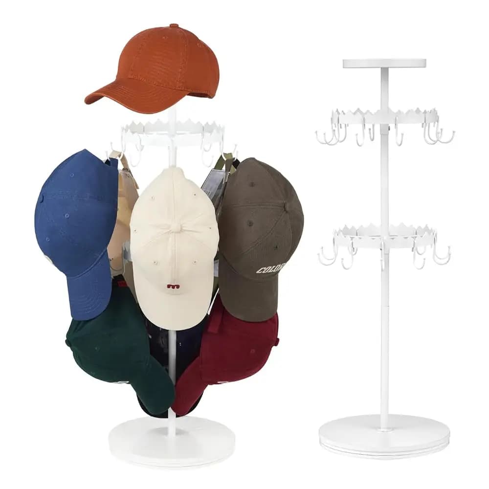 Organizzatore Girevole per Cappelli da Baseball, Espositore a 3 Livelli e Organizzatore da Tavolo con Vassoio per Oltre 40 Cappelli